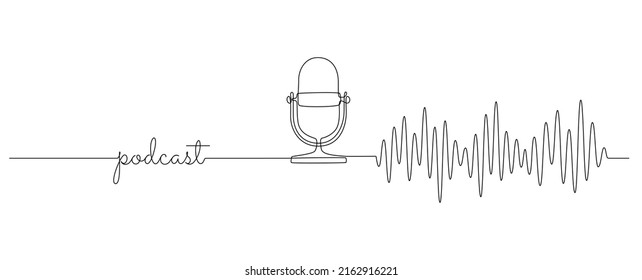 Continuous one line drawing of podcast microphone and sound wave. Vintage old mike in simple linear style for banner music, webinar, online training. Editable stroke. Doodle vector illustration