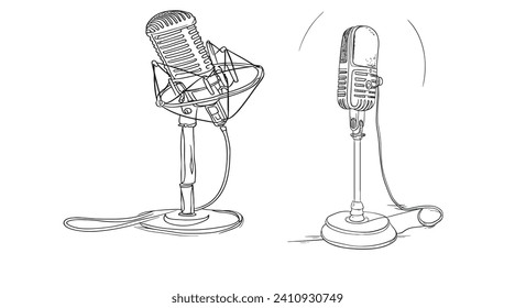 Continuous one line drawing of podcast microphone. Outline of isolated on white background. Monochrome vector illustration.