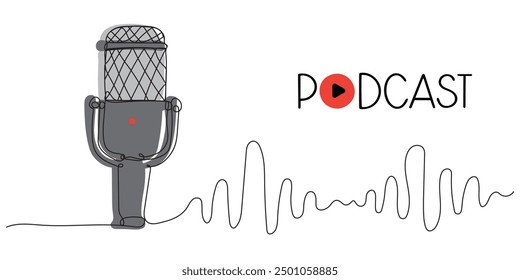 Dibujo continuo de una línea de micrófono de podcast. Conveniente para la música del Anuncio, webinar, formación en línea. Ilustración vectorial