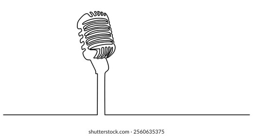 Continuous one line drawing of podcast microphone. Suitable for banner music, webinar, online training. Vector illustration, microphone line art style illustration vector eps 10, World radio day. 