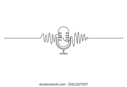 Continuous one line drawing of podcast microphone, One continuous editable linear music player soundbar template with microphone button. Recording sound and sound wave in line art style.
