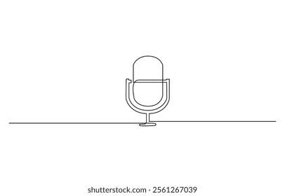 Continuous one line drawing of podcast microphone, One continuous editable linear music player soundbar template with microphone button. Recording sound and sound wave in line art style.
