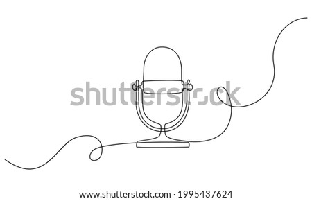 Continuous one line drawing of podcast microphone. Vintage mike in simple linear style for banner of music, webinar, online training speech. Editable stroke. Vector illustration