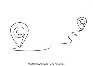 Continuous one line drawing Pointing location at map, hand drawn way destination continuous contour,trendy template direction, gps navigation concept.