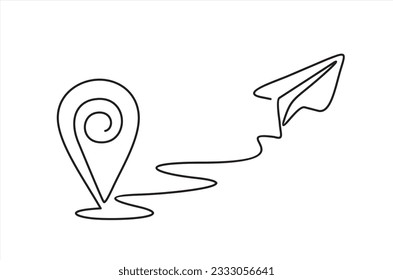 Continuous one line drawing Pointing location at map and paper plane, hand drawn way destination continuous contour,trendy template direction, gps navigation concept.
