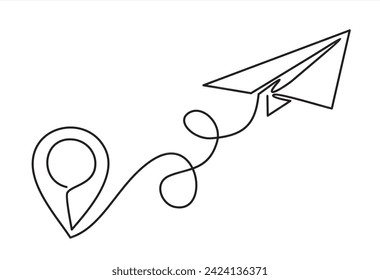 Continuous one line drawing Pointing location at map and paper plane, hand drawn way destination continuous contour,trendy template direction, gps navigation concept.