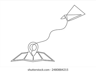 Continuous one line drawing Pointing location at map and paper plane, hand drawn way destination continuous contour,trendy template direction, gps navigation concept.