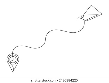 Dibujo continuo de una línea que señala la ubicación en el mapa y el plano de papel, el contorno continuo dibujado a mano del destino, la dirección de Plantilla de moda, el concepto de navegación gps.