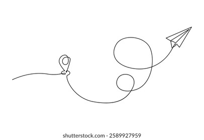Continuous one line drawing Pointing location at map and paper plane, hand drawn way destination continuous contour, One Continuous line drawing of aircraft flight routes and airport destinations.