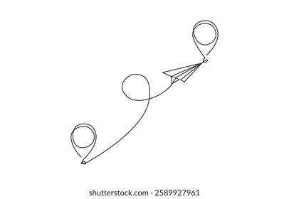 Continuous one line drawing Pointing location at map and paper plane, hand drawn way destination continuous contour, One Continuous line drawing of aircraft flight routes and airport destinations.