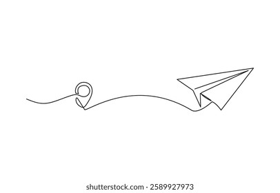 Continuous one line drawing Pointing location at map and paper plane, hand drawn way destination continuous contour, One Continuous line drawing of aircraft flight routes and airport destinations.