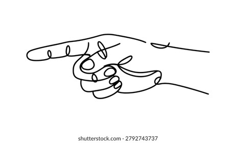 continuous one line drawing of pointing hand gesture, minimalist human finger direction symbol in elegant linear outline style, modern vector illustration for communication concepts