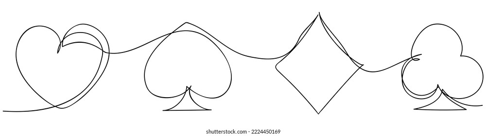 Continuous one line drawing of poker card suits. Online casino poker game concept silhouette design.