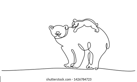 Continuous one line drawing. Polar bear with baby cub. Vector illustration