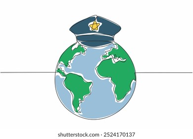 Continua una línea dibujando sombrero de policía en el globo. Vigilando la frontera. Monitorización de bienes gravables que entran y salen. Ingresos para el país. Día Internacional de la Aduana. Ilustración vectorial de diseño de dibujo de línea única