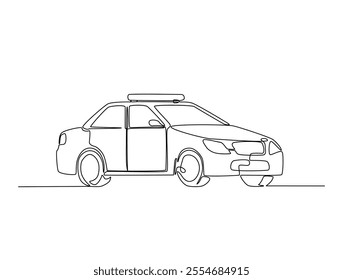 Continuous one line drawing of police or cop car with lights and siren on. Police vehicle in single line art illustration. Editable vector. 