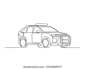 Continuous one line drawing of police or cop car with lights and siren on. Police vehicle in single line art illustration. Editable vector. 