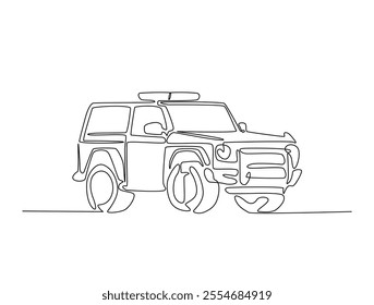 Continuous one line drawing of police or cop car with lights and siren on. Police vehicle in single line art illustration. Editable vector. 