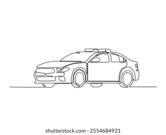 Continuous one line drawing of police or cop car with lights and siren on. Police vehicle in single line art illustration. Editable vector. 