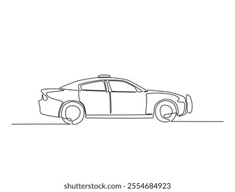 Continuous one line drawing of police or cop car with lights and siren on. Police vehicle in single line art illustration. Editable vector. 