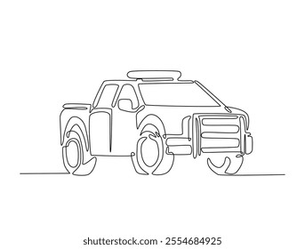 Continuous one line drawing of police or cop car with lights and siren on. Police vehicle in single line art illustration. Editable vector. 