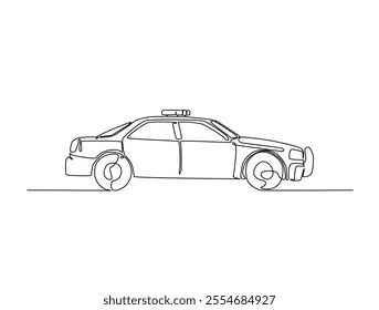 Continuous one line drawing of police or cop car with lights and siren on. Police vehicle in single line art illustration. Editable vector. 