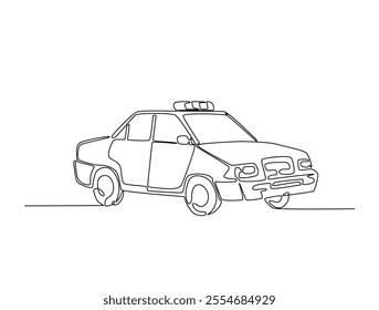 Continuous one line drawing of police or cop car with lights and siren on. Police vehicle in single line art illustration. Editable vector. 