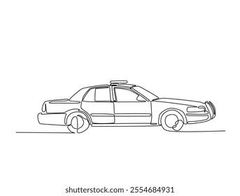 Continuous one line drawing of police or cop car with lights and siren on. Police vehicle in single line art illustration. Editable vector. 