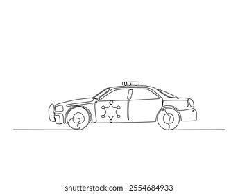 Continuous one line drawing of police or cop car with lights and siren on. Police vehicle in single line art illustration. Editable vector. 