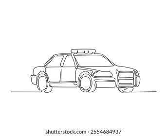 Continuous one line drawing of police or cop car with lights and siren on. Police vehicle in single line art illustration. Editable vector. 