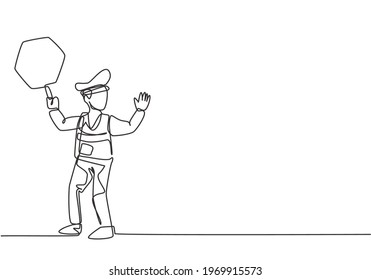 Continuous one line drawing policeman in full uniform and lifting traffic signs are controlling the crowds of vehicles during office rush hour. Single line draw design vector graphic illustration.