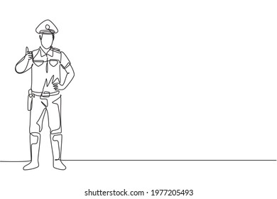 Continuous one line drawing policeman standing with a thumbs-up gesture and in full uniform works to control vehicle traffic on the highway. Single line draw design vector graphic illustration.