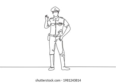 Kontinuierlicher, auf einer Linie gezeichneter Polizist mit Geste okay und volle einheitliche Arbeiten zur Steuerung des Fahrzeugverkehrs auf der Autobahn. Auf Patrouille. Vektorgrafik-Illustration mit Einzelzeilenzeichnung
