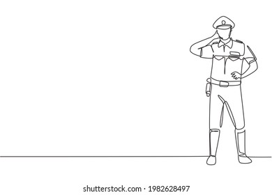Un policía de dibujo continuo de una línea parado con mi gesto y trabajos de uniforme completo para controlar el tráfico de vehículos en la autopista. En espera de patrulla. ilustración vectorial de diseño de línea única