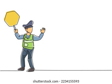 Continuous one line drawing policeman in full uniform and lifting traffic signs are controlling the crowds of vehicles during office rush hour. Single line draw design vector graphic illustration.