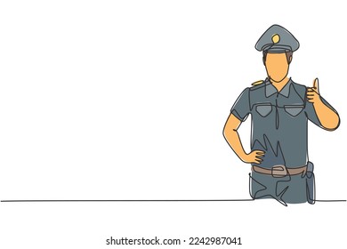Una línea contínua dibujando al policía con un gesto de aprobación y con uniforme completo está lista para imponer disciplina de tránsito en la autopista. Ilustración gráfica vectorial de diseño de líneas simples.
