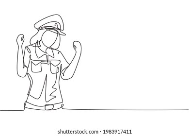 Continuous one line drawing policewoman with celebrate gesture and full uniform is ready to enforce traffic discipline on highway. Standby patrol. Single line draw design vector graphic illustration