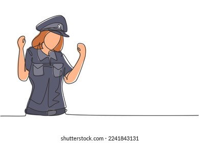 Continuous one line drawing policewoman with celebrate gesture and full uniform is ready to enforce traffic discipline on highway. Standby patrol. Single line draw design vector graphic illustration