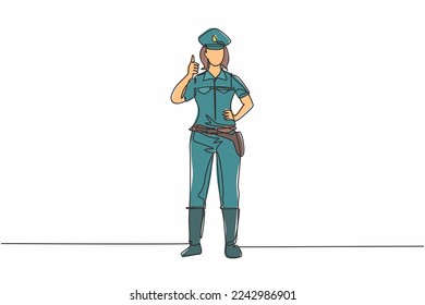 Continuous one line drawing the policewoman standing with a thumbs-up gesture and in full uniform works to control vehicle traffic on the highway. Single line draw design vector graphic illustration