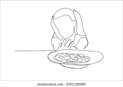 Continuous one line drawing poor little girl refuses to eat. An upset child sits in kitchen at table without an appetite and does not want to eat tasteless food. Avoiding pasta.