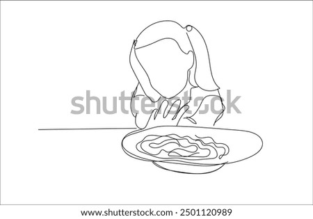 Continuous one line drawing poor little girl refuses to eat. An upset child sits in kitchen at table without an appetite and does not want to eat tasteless food. Avoiding pasta.