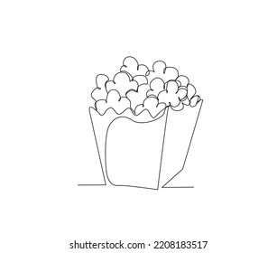 Continuous one line drawing of Popcorn. Popcorn Box line art drawing vector illustration. 