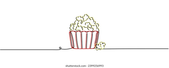 Continuous one line drawing of Popcorn. Popcorn Box line art drawing vector illustration.