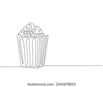 Continuous one line drawing of popcorn. One line drawing illustration of delicious popcorn. Cinema, movie snack, bucket concept single line. Editable outline