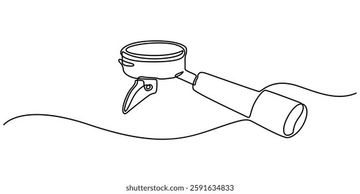 Continuous one line drawing of portafilter- barista equipment. portafilter - coffee maker single line vector illustration. Editable line vector, outline Drawing Of Portafilter. One art pro concept.