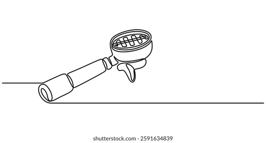 Continuous one line drawing of portafilter- barista equipment. portafilter - coffee maker single line vector illustration. Editable line vector, outline Drawing Of Portafilter. One art pro concept.