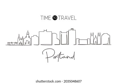 Continuous one line drawing Portland city skyline, Maine. Historical town landscape in world. Best holiday destination wall decor. Editable stroke trendy single line draw design vector illustration