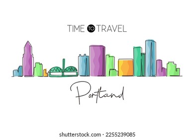 Una línea continua dibujando el perfil de la ciudad de Portland, Oregon. Famoso paisaje de rascacielos de la ciudad. El concepto de la impresión de pósters de arte de decoración de paredes de casa de viajes en el mundo. ilustración vectorial de diseño de línea única