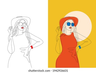 Dibujo continuo de una línea. Retrato de mujer con vestido rojo, sombrero y gafas de sol. Vector de ilustración minimalista para historias en medios sociales, logo, afiche, impresión, portada, postal, banner. Figura femenina.
