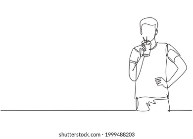Continuous one line drawing portrait of casual young handsome male drinking orange juice from plastic cup. Make him refreshing in summer season. Single line draw design vector graphic illustration